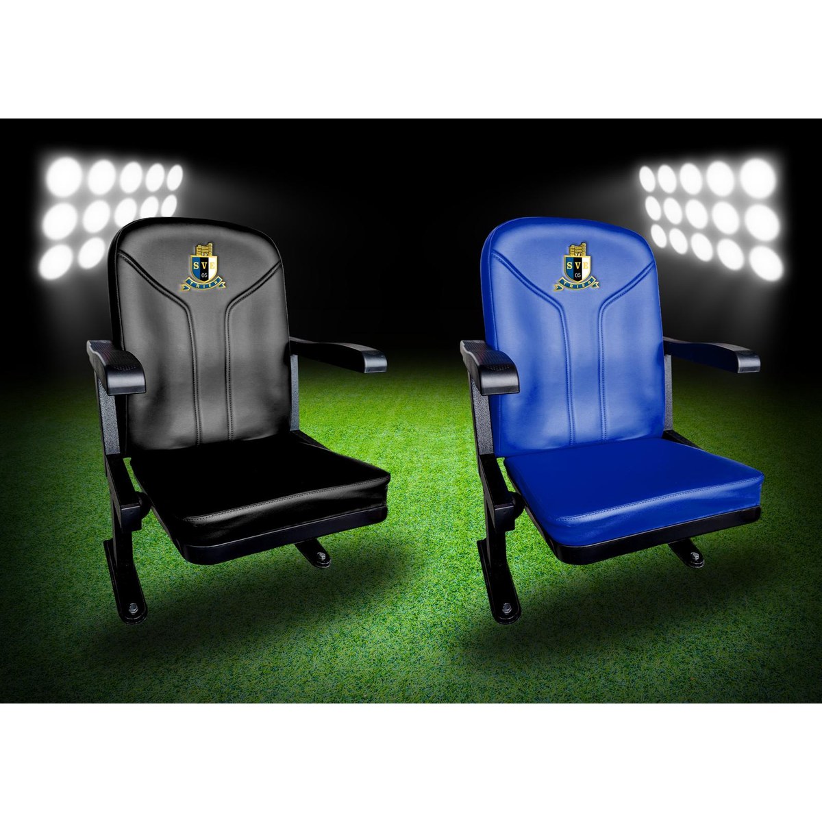 Premium-Stadionsitz in Schwarz und Blau nebeneinander